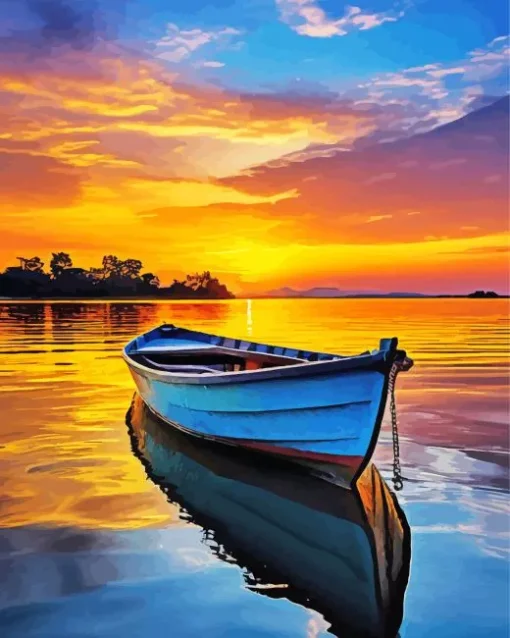 Blue Boat At Sunset Diamond Painting