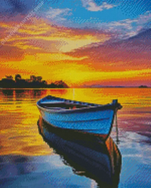 Blue Boat At Sunset Diamond Painting