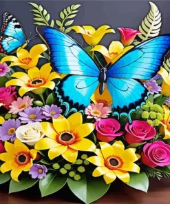 Blue Butterfly And Flowers Diamond Painting