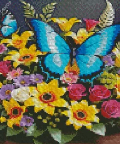 Blue Butterfly And Flowers Diamond Painting