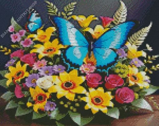 Blue Butterfly And Flowers Diamond Painting