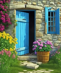 Blue Door Flowers Diamond Painting