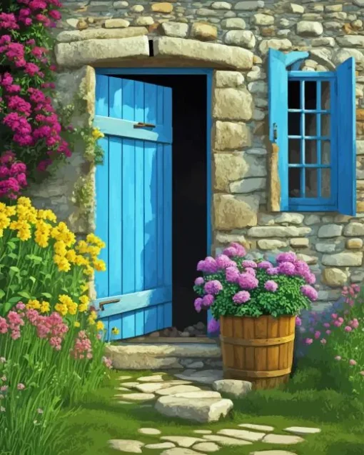 Blue Door Flowers Diamond Painting