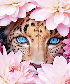 Blue Eyed Leopard And Flowers Diamond Painting