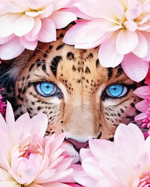 Blue Eyed Leopard And Flowers Diamond Painting