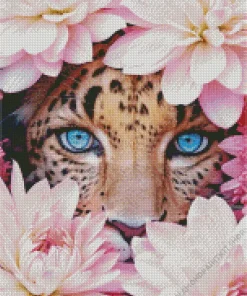 Blue Eyed Leopard And Flowers Diamond Painting