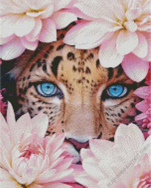 Blue Eyed Leopard And Flowers Diamond Painting