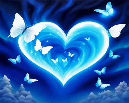 Blue Heart And Butterflies Diamond Painting