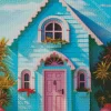 Blue House With Pink Door Diamond Painting