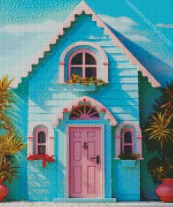 Blue House With Pink Door Diamond Painting