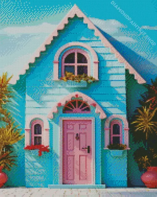 Blue House With Pink Door Diamond Painting