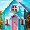 Blue House With Pink Door Diamond Painting