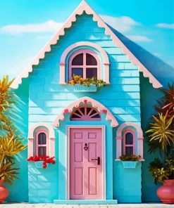 Blue House With Pink Door Diamond Painting