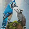 Blue Jay Bird And Raccoon Diamond Painting