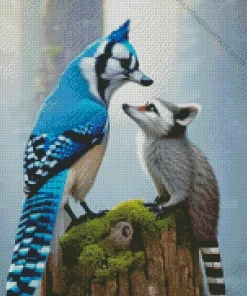 Blue Jay Bird And Raccoon Diamond Painting