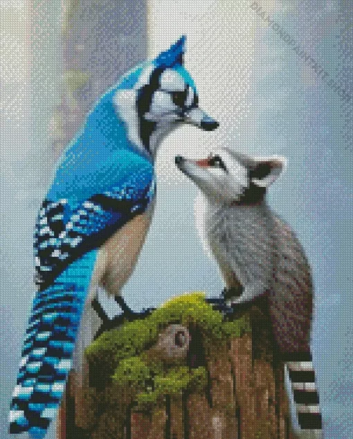 Blue Jay Bird And Raccoon Diamond Painting