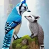 Blue Jay Bird And Raccoon Diamond Painting