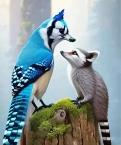 Blue Jay Bird And Raccoon Diamond Painting