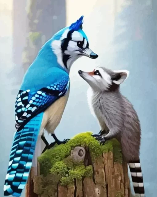 Blue Jay Bird And Raccoon Diamond Painting