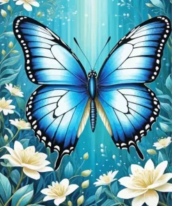 Blue Monarch Butterfly And Flowers Diamond Painting