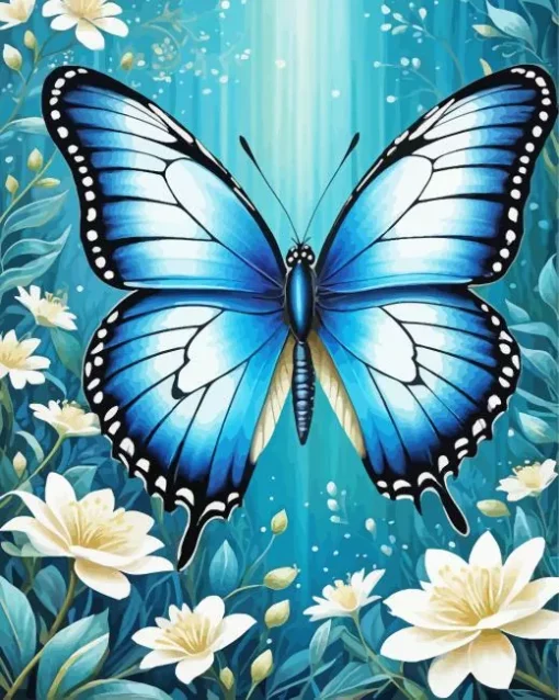 Blue Monarch Butterfly And Flowers Diamond Painting