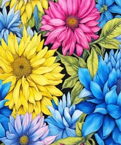 Blue Pink And Yellow Flowers Diamond Painting