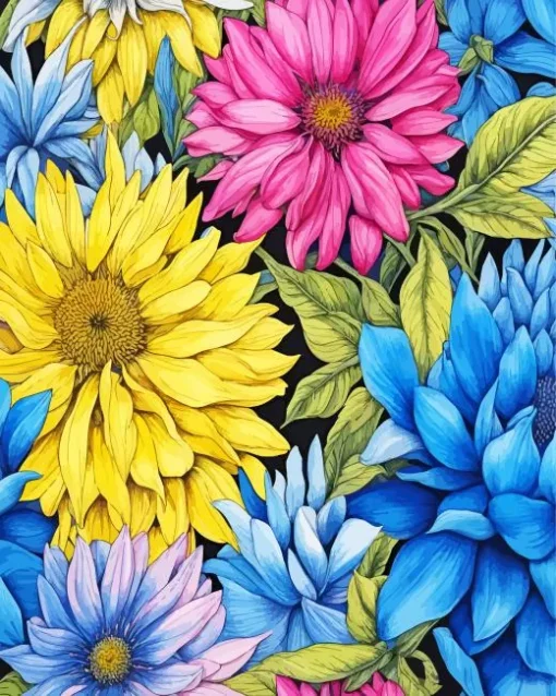 Blue Pink And Yellow Flowers Diamond Painting