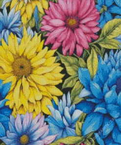 Blue Pink And Yellow Flowers Diamond Painting