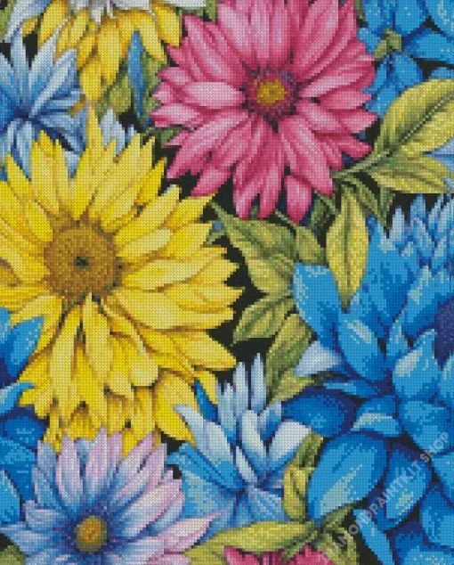 Blue Pink And Yellow Flowers Diamond Painting