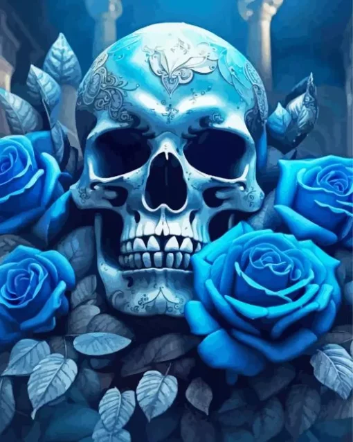 Blue Skull And Roses Diamond Painting