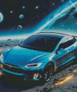 Blue Tesla Car In Space Diamond Painting