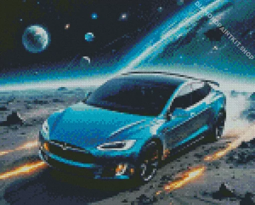 Blue Tesla Car In Space Diamond Painting