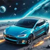 Blue Tesla Car In Space Diamond Painting