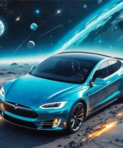 Blue Tesla Car In Space Diamond Painting