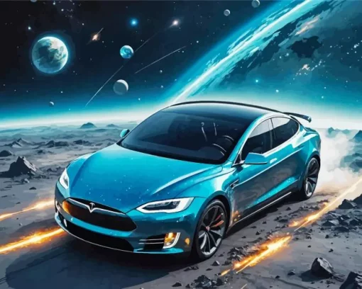 Blue Tesla Car In Space Diamond Painting