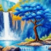 Blue Tree By Waterfall Diamond Painting