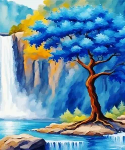 Blue Tree By Waterfall Diamond Painting