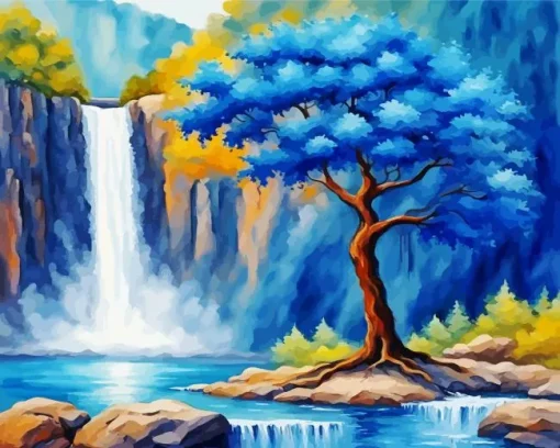 Blue Tree By Waterfall Diamond Painting