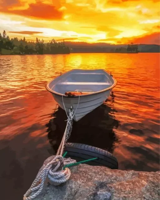 Boat At Sunset Diamond Painting