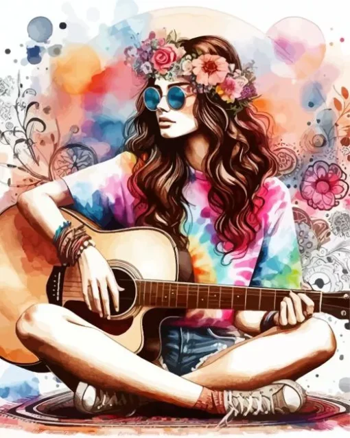 Bohemian Girl Playing Guitar Diamond Painting