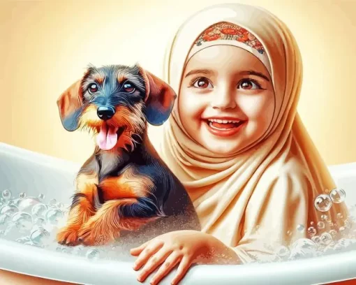 Muslim Girl And Dog In Bathtub Diamond Painting