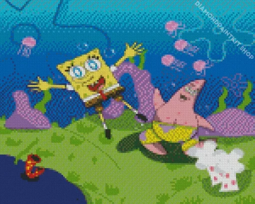 Spongebob And Patrick Jellyfishing Diamond Painting