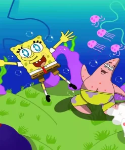 Spongebob And Patrick Jellyfishing Diamond Painting