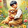 Asian Boy Hugging Dog Diamond Painting