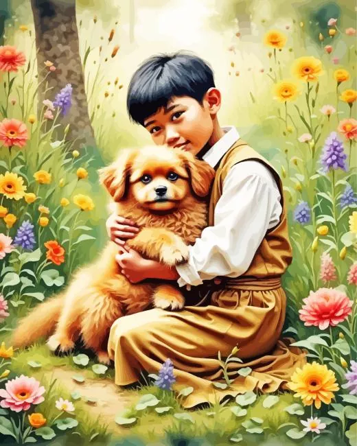 Asian boy hugging dog Diamond By Numbers Asian Boy Hugging Dog Diamond Painting