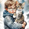 Boy Hugging Cat In The Snow Diamond Painting