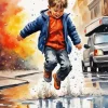 Boy Jumping In Puddle Diamond Painting