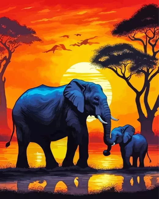 elephant and sunset Diamond By Numbers Elephant And Sunset Diamond Painting