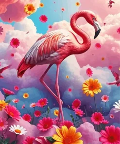 Flamingo Drawing With Flowers Diamond Painting