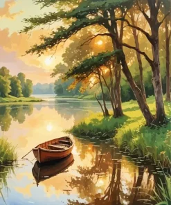 Brown Boat On Lake Diamond Painting